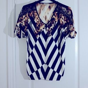 Gigizza lace beads shoulder animal print summer blouse XL